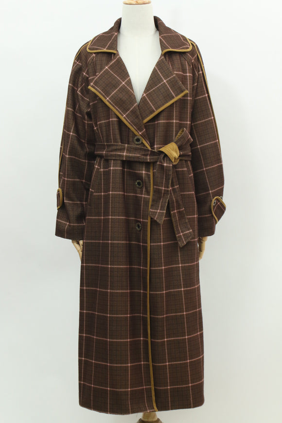 チェック柄シングルボタンロングコート(ブラウン)
