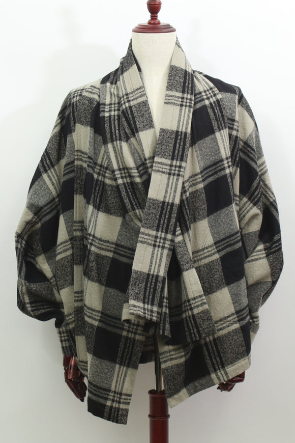 チェック柄ショールカラーシャツ風コート(ベージュ)