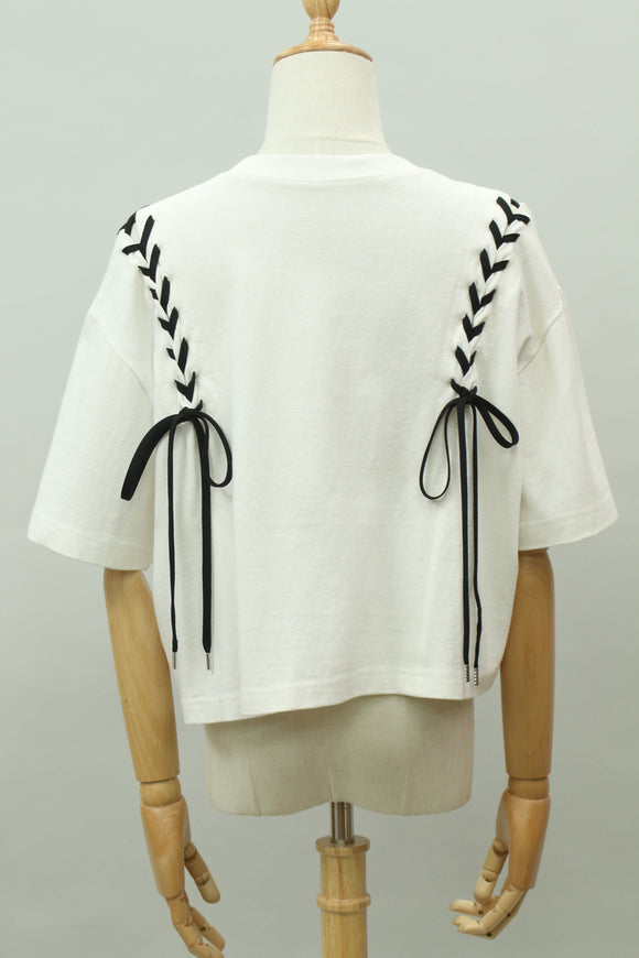 カットアウトレースアップ 半袖Ｔシャツ(ホワイト)