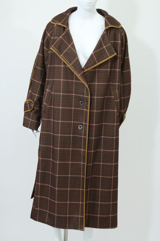 チェック柄シングルボタンロングコート(ブラウン)