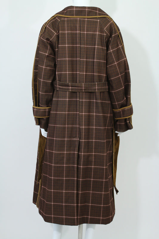 チェック柄シングルボタンロングコート(ブラウン)