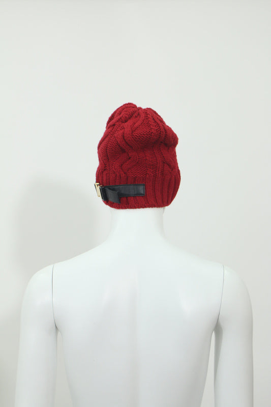 サイドベルトデザインニット帽(レッド)