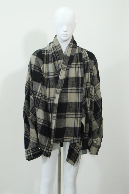 ウールチェック柄ショート丈ショールコート(ホワイト)