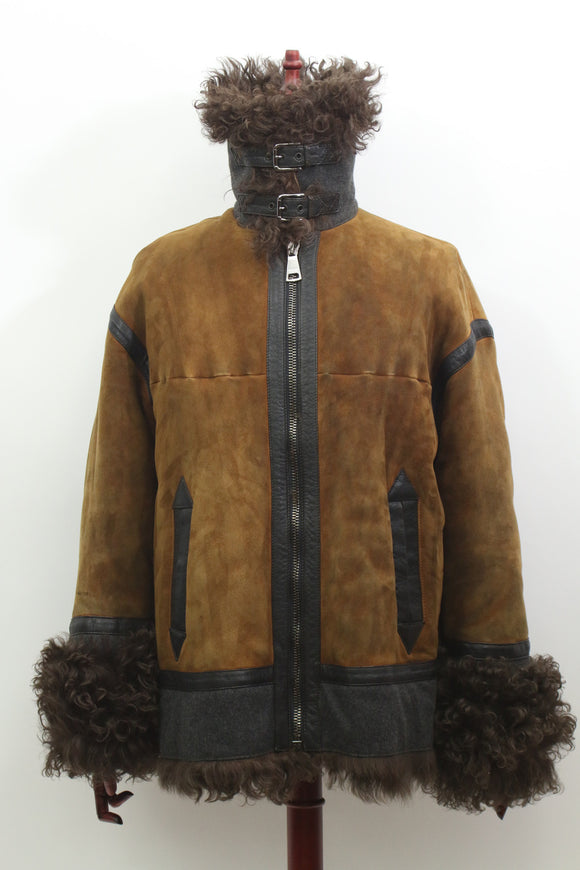 レザーライン切替ムートンジャケット(ブラウン)