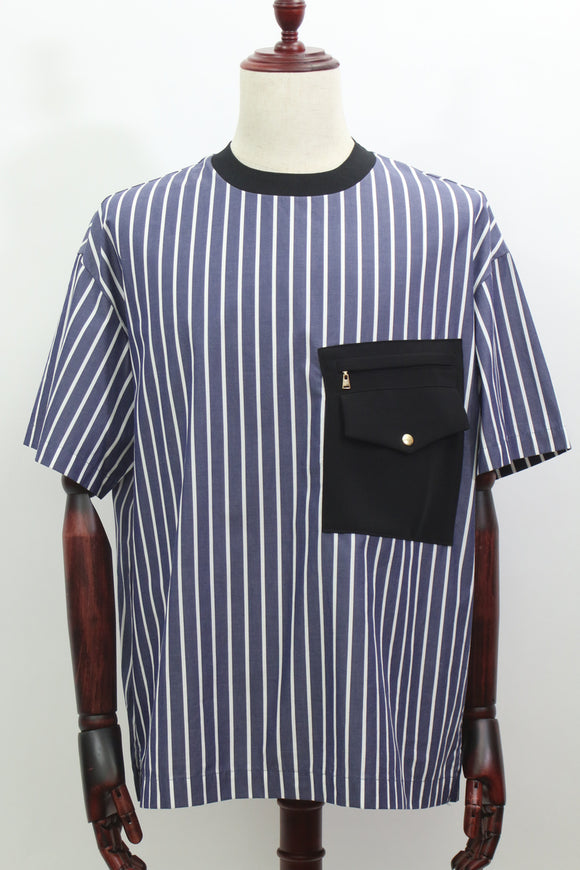 ストライプ柄異素材ポケットＴシャツ(ブルー)