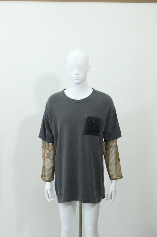 メッシュレイヤードポケットワンポイントデザイン半袖Tシャツ(グレー)