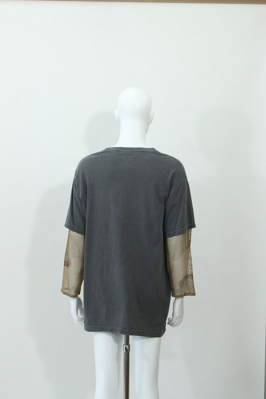 メッシュレイヤードポケットワンポイントデザイン半袖Tシャツ(グレー)