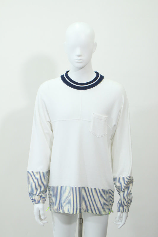ストライプシャツ素材ドッキングプルオーバーTシャツ(ホワイト)